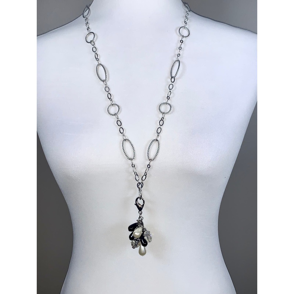 Jewel Kade Silver Tone Textured Removable Faux Pearl Crystal Necklace EUC